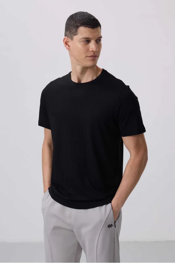 Tommylife Toptan O Yaka Standart Kalıp Basic Erkek T-Shirt 87911 Siyah