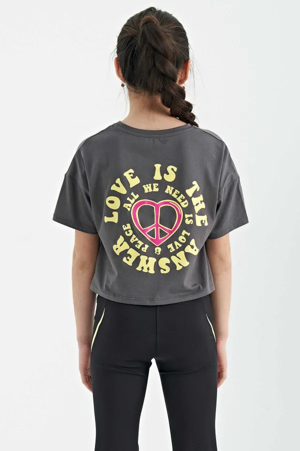 Tommylife Toptan Koyu Gri Ön Arka Baskılı O Yaka Düşük Omuz Oversize Kısa Kollu Kız Çocuk T-Shirt - 75126