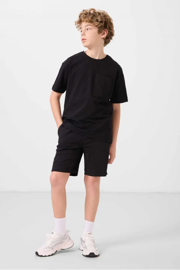 Ensemble short chino garçon Tommylife Wholesale en coton léger et extensible, coupe oversize, noir, réf. 11278