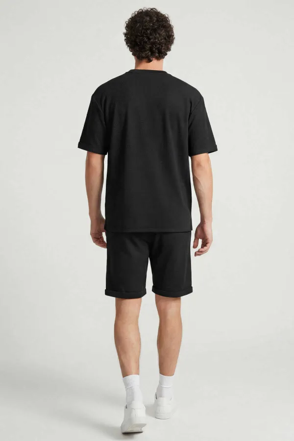 Tommylife Toptan Siyah Oversize Fit Yumuşak Dokulu Basic Erkek Şort Takım - 85274
