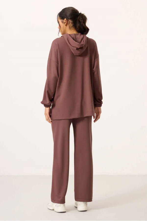 Ensemble tunique de survêtement à capuche oversize pour femme Tommylife, texture douce, vente en gros - 95348 Marron