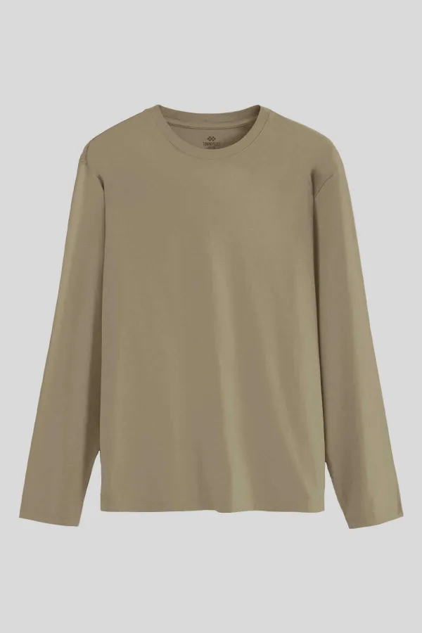 T-shirt homme Tommylife, beige foncé, coupe standard, col rond, manches longues, slim - 87997