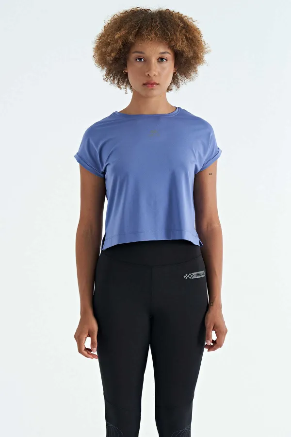 Tommylife Wholesale Purple Logo Print Crew Neck Drop Sleeve Oversize Women's Crop T-Shirt - 97262