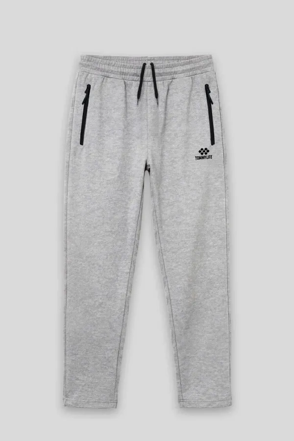 Tommylife Wholesale Grey Melange Basic Men's Plus Size Sweatpants with Drawstring Waist and Classic Leg - 84844