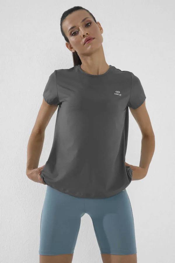 Tommylife Toptan Koyu Gri Basic Kısa Kol Standart Kalıp O Yaka Kadın T-Shirt - 97144