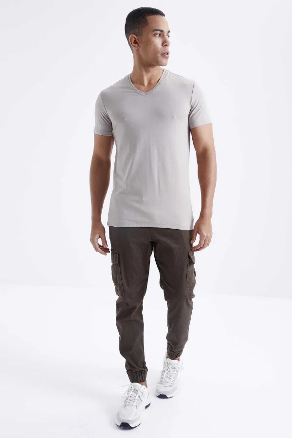 Tommylife Toptan V Yaka Standart Kalıp Basic Erkek T-Shirt 87912 Koyu Bej