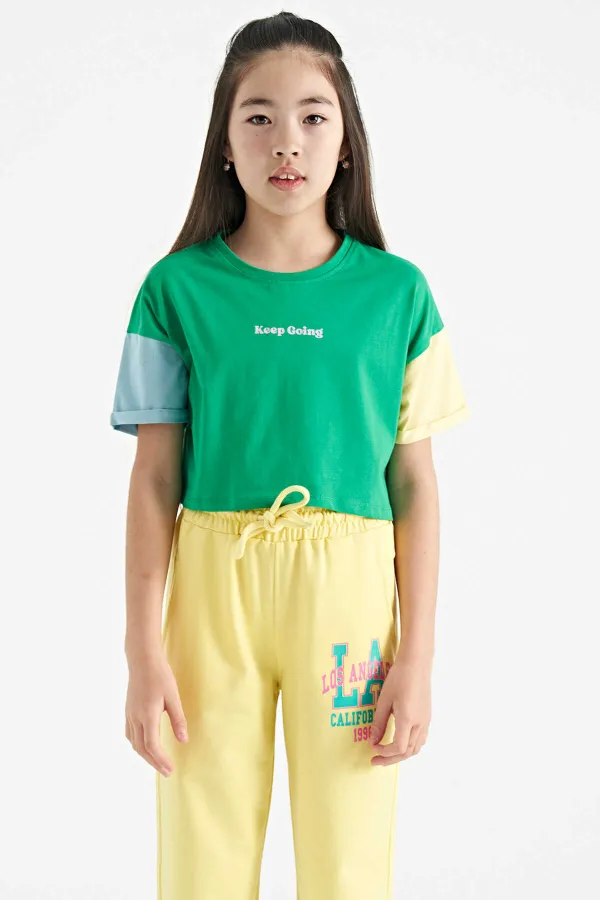 T-shirt Tommylife Wholesale vert imprimé à col rond et épaules tombantes, coupe oversize, pour filles - 75130