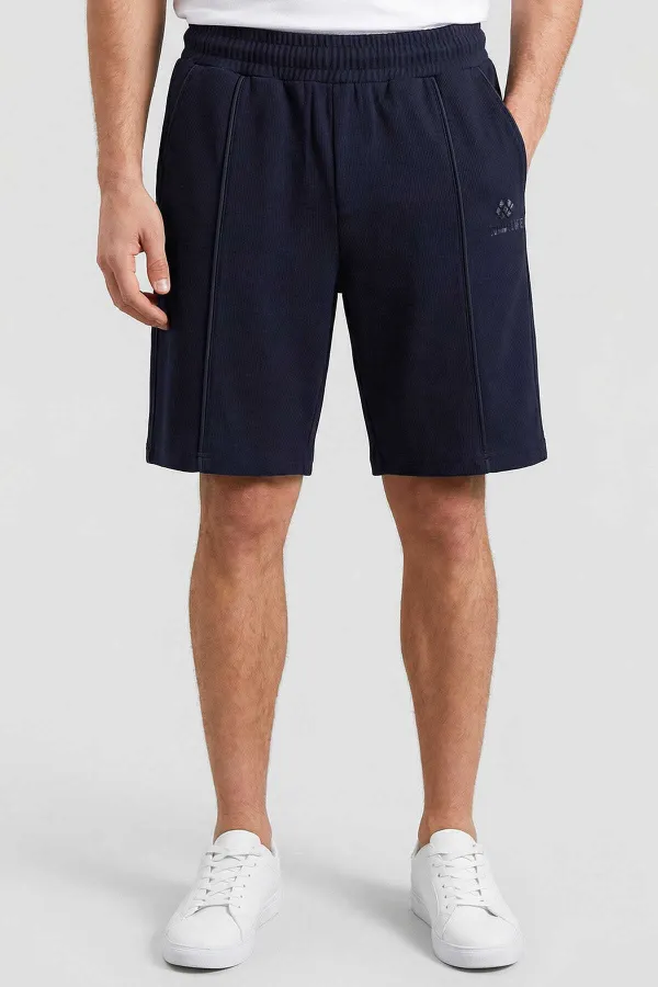 Tommylife Toptan Lacivert Oversize Fit Basic Ön Dikiş Detaylı Erkek Şort - 81283