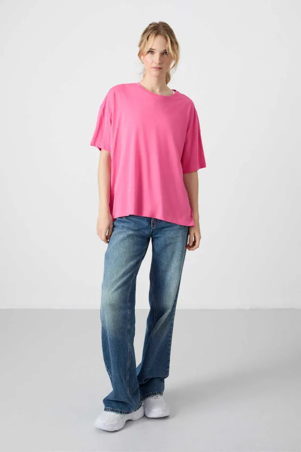 Tommylife Toptan O Yaka Oversize Basic Kadın T-Shirt 97285 Rose