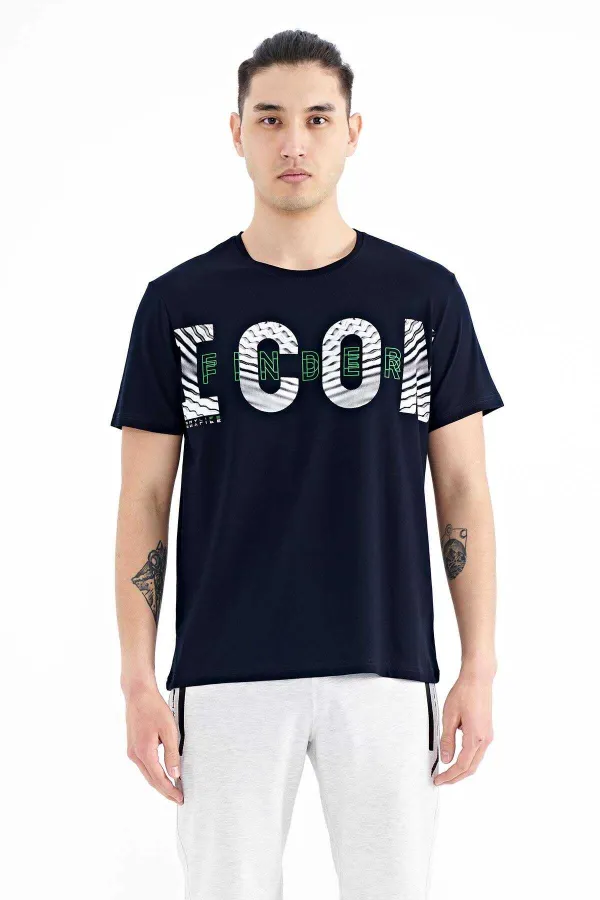 Tommylife Toptan Lacivert Yazı Baskı Detaylı O Yaka Standart Kalıp Erkek T-Shirt - 88187