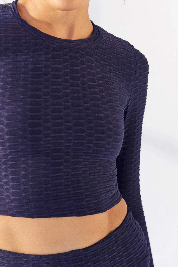 Tommylife Wholesale Indigo Self-Patterned Crew Neck Long Sleeve Women's Crop Top T-Shirt - 97153