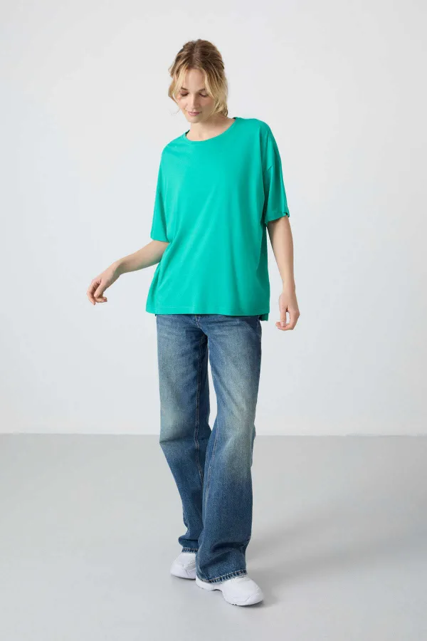 Tommylife Toptan O Yaka Oversize Basic Kadın T-Shirt 97285 Deniz Yeşili