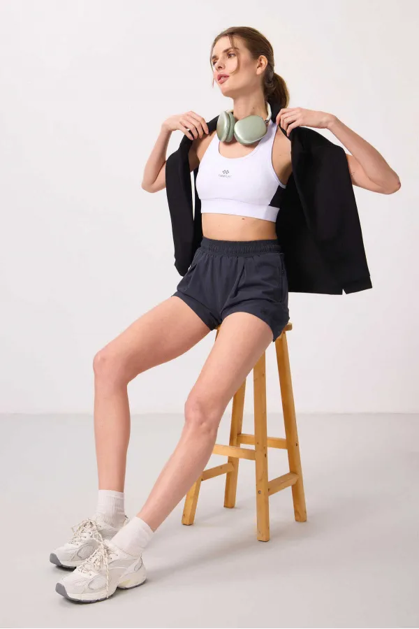 Tommylife Toptan Polyester Gizli Cep Fermuarlı Rahat Form Kadın Şort - 91014 Antrasit