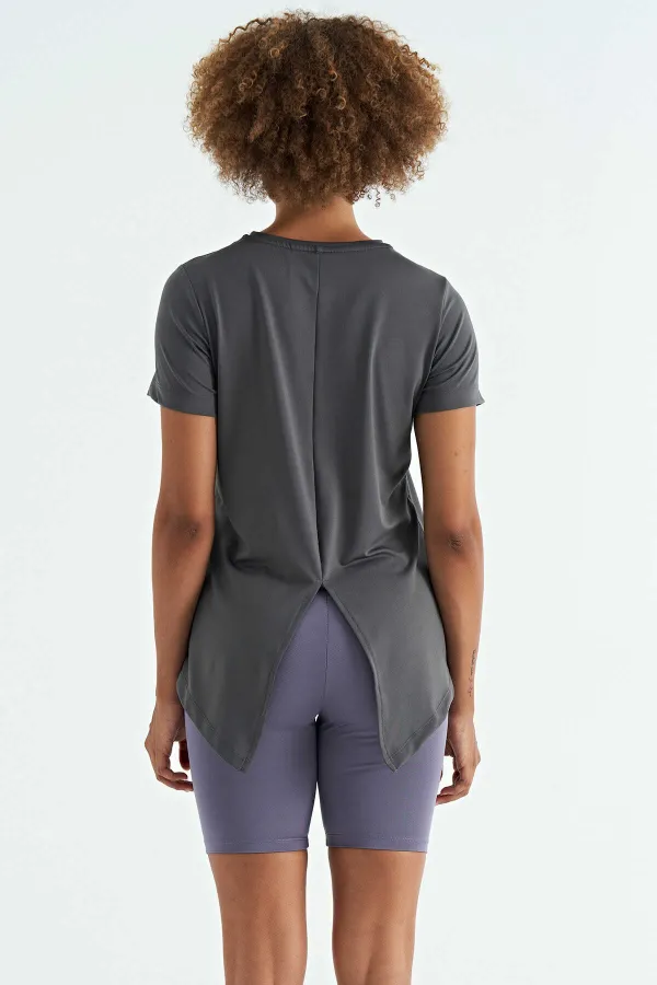 Tommylife Toptan Koyu Gri Sırt Yırtmaç Detaylı O Yaka Kısa Kollu Standart Kalıp Kadın T-Shirt - 97267