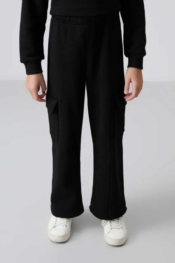 Tommylife Toptan 7-15 Yaş Dik Yaka Standart Kalıp Kız Çocuk Eşofman Takımı 75159 Siyah