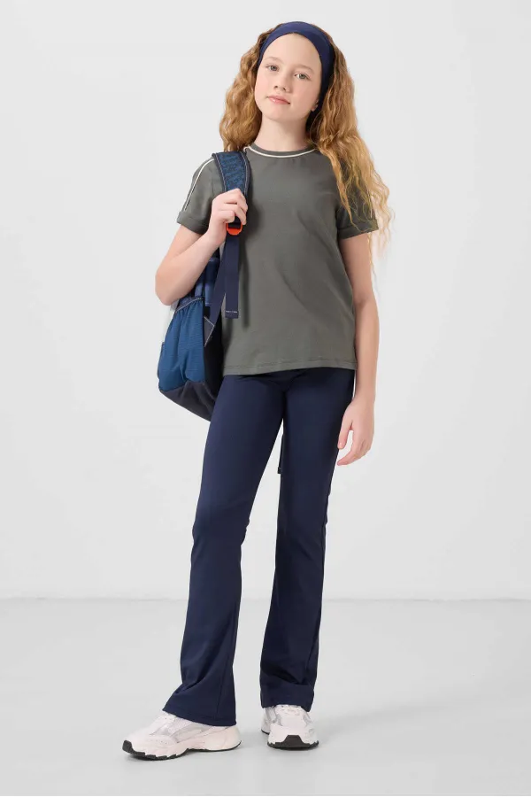 Tommylife Toptan Pamuklu O Yaka Oversize Fit Baskılı Kız Çocuk T Shirt 75177 Haki