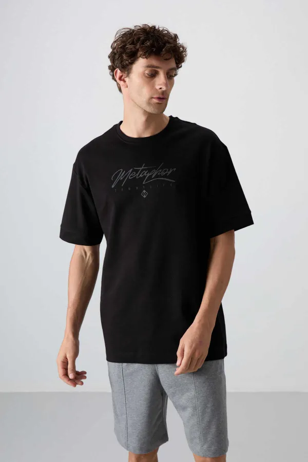 Tommylife Toptan O Yaka Oversize Baskılı Erkek T-Shirt 88320 Siyah