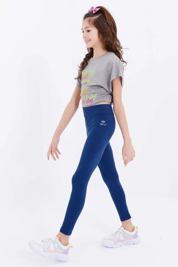 Tommylife Toptan İndigo Yüksek Bel Dar Paça Kız Çocuk Tayt  - 75047