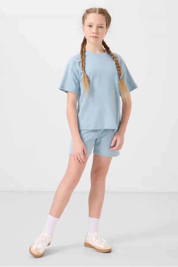 Ensemble short basique pour fille Tommylife, en coton doux texturé, coupe standard, bleu clair, référence 75184