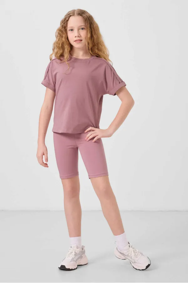 Tommylife Toptan Pamuklu Kısa Paça Standart Fit Basic Kız Çocuk Tayt 75188 Gül Kurusu