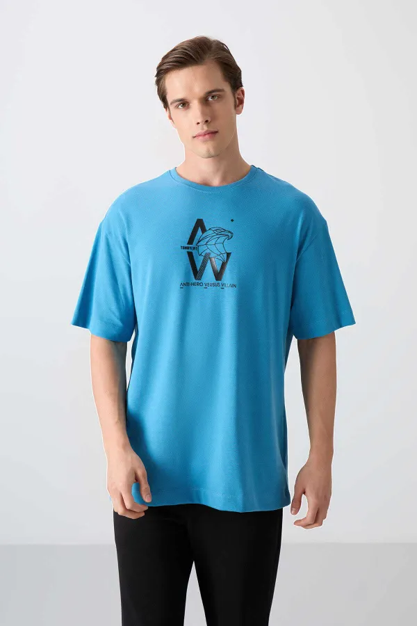 Tommylife Wholesale Crew Neck Oversize Printed Men's T-Shirt 88332 Petrol Blue