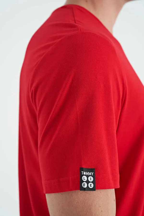T-shirt basique Tommylife Wholesale à col rond et coupe standard pour homme, rouge, référence 87911