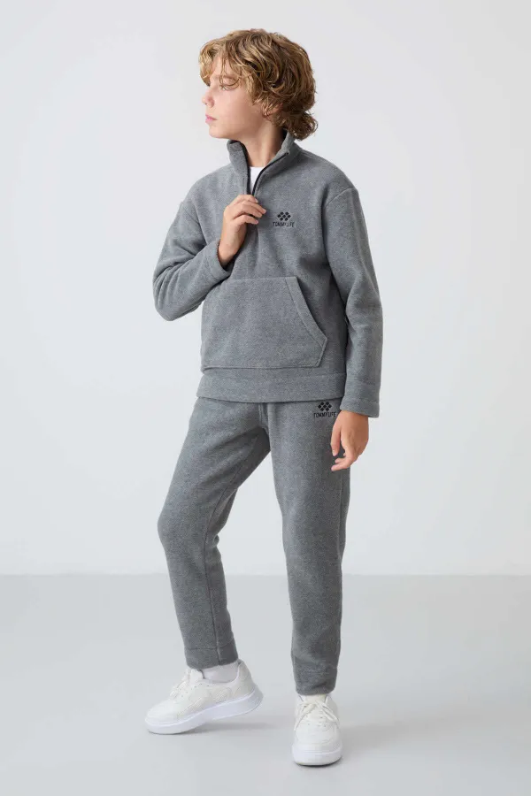 Ensemble de survêtement en polaire à col montant Tommylife Wholesale Serverer Boy, gris chiné, référence 11218