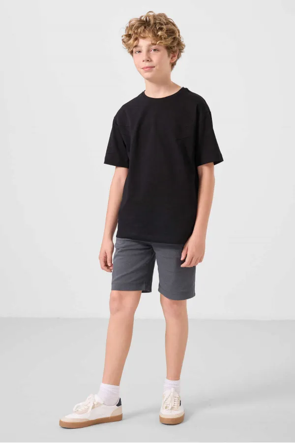 Ensemble short chino garçon Tommylife en coton tissé léger et extensible, coupe oversize, noir et gris, référence 11277