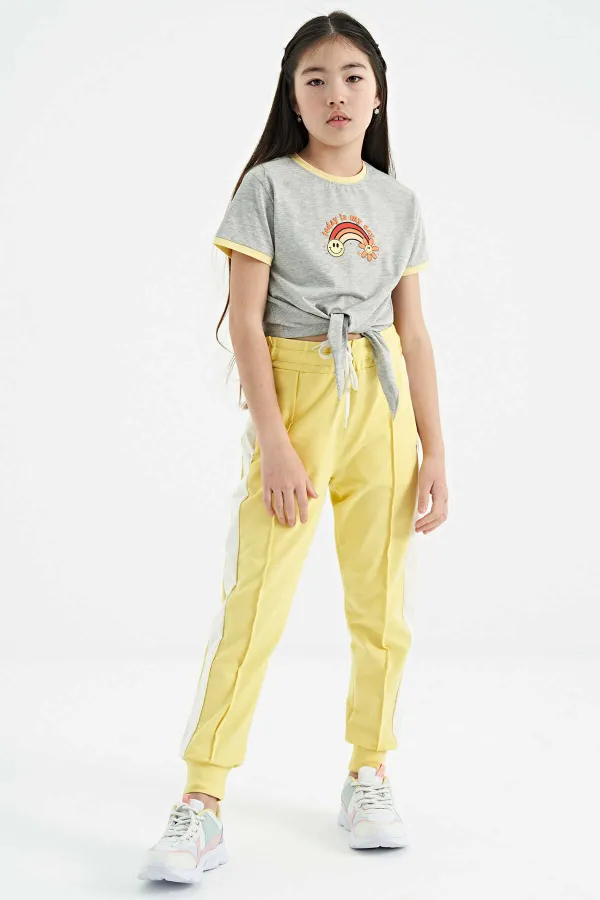 Tommylife Wholesale Grey Melange Print Detail Crew Neck Multicolored Tie Detail Girls' T-Shirt - 75113