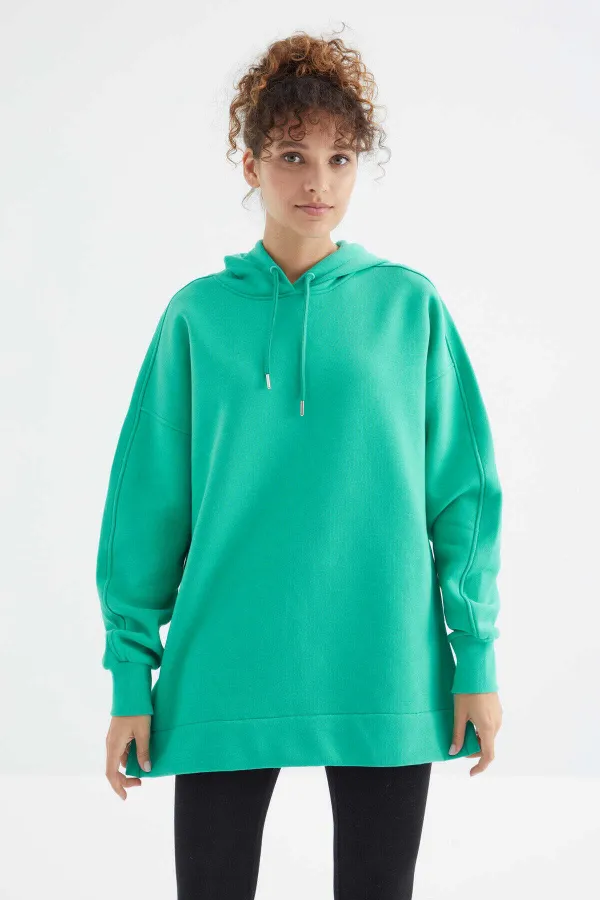 Tommylife Toptan Deniz Yeşili Reglan Kol Basic Kapüşonlu Oversize Tunik - 97242