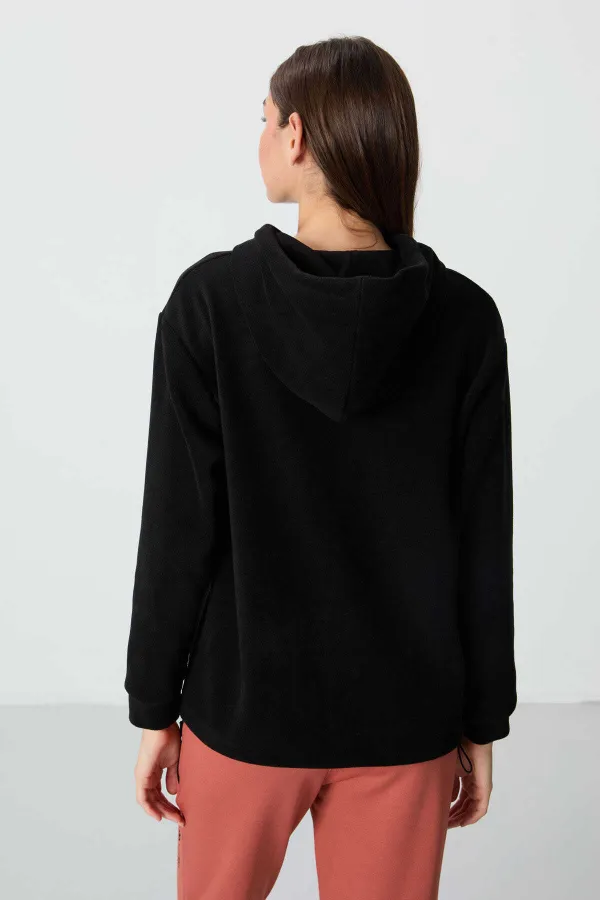 Tommylife Toptan Kapüşonlu Oversize Kadın Polar Sweatshirt 97292 Siyah