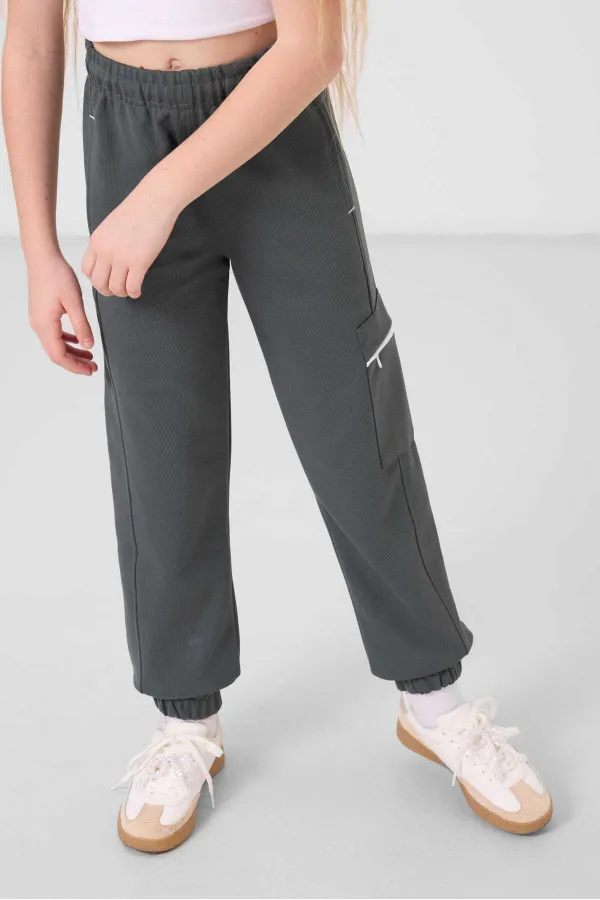 Tommylife Wholesale Crew Neck Printed Elasticated Hem Cargo Pocket Girls' Tracksuit Set 75173 White Khaki