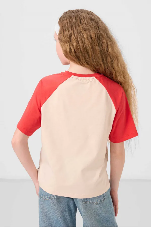 Tommylife Toptan O Yaka  Pamuklu Baskılı Oversize Fit Kız Çocuk T Shirt 75179 Bej