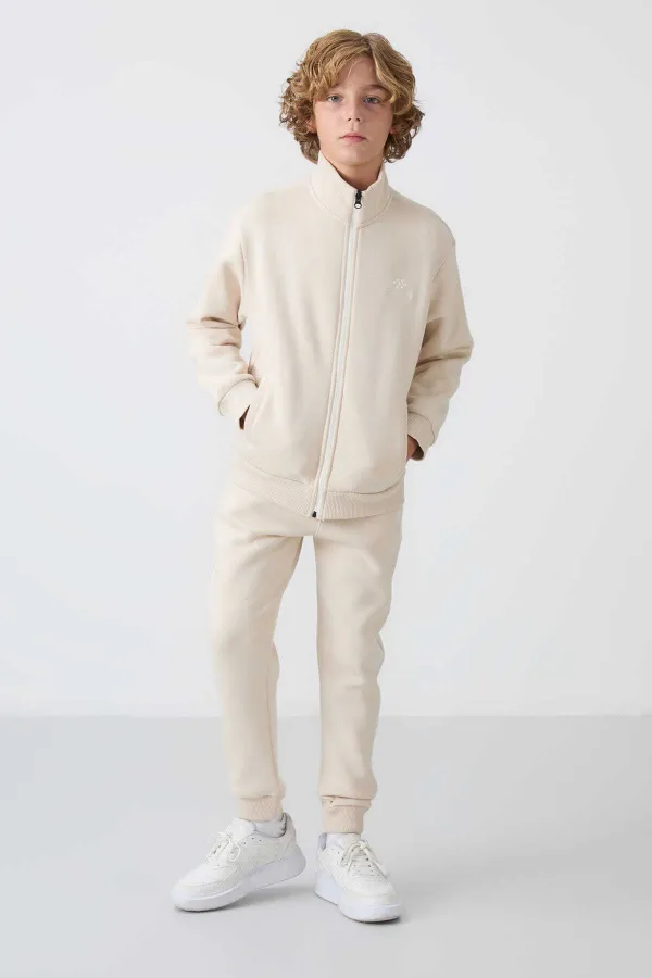 Tommylife Toptan 7-15 Yaş Dik Yaka Erkek Çocuk Eşofman Takımı 11256 Bej