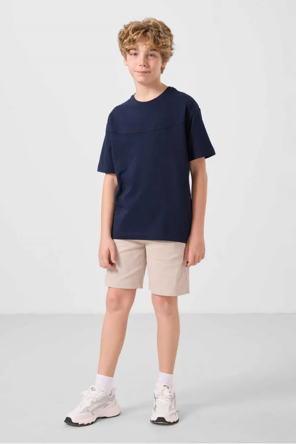 Tommylife Toptan Pamuklu Oversize Fit Dokuma Hafif Esnek Chino Erkek Çocuk Şort Takım 11279 Lacivert-Taş