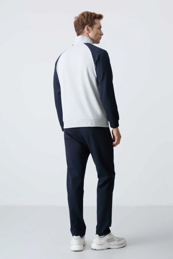 Tommylife Toptan Rahat Kalıp Dik Yaka Klasik Paça Erkek Eşofman Takımı 85113 Gri - Lacivert