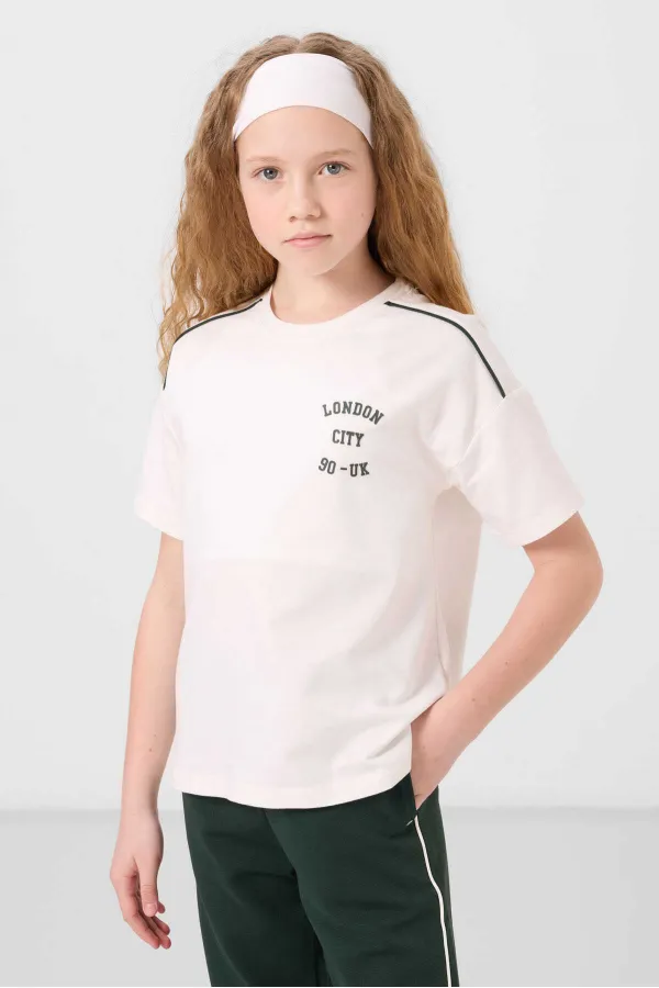 Ensemble de survêtement Tommylife Wholesale pour filles, col rond imprimé, ourlet élastiqué, coupe standard, réf. 75186, écru et vert pin