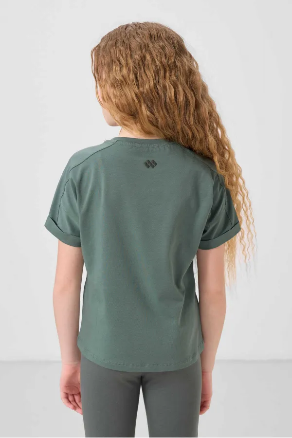 Tommylife Toptan Pamuklu O Yaka Oversize Fit Basic Kız Çocuk T Shirt 75182 Açık Yeşil