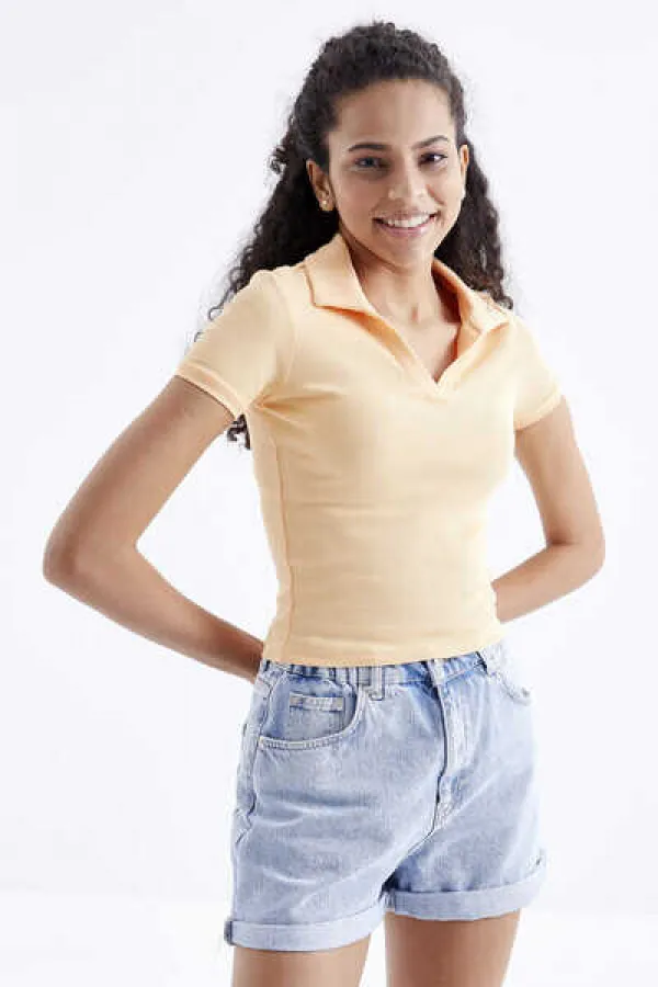 Tommylife Wholesale Orange Polo Collar Basic Short Sleeve Women's Crop Top T-Shirt - 97208