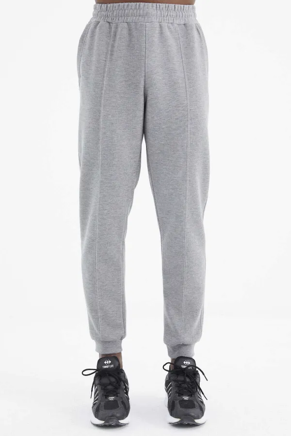 Tommylife Wholesale Grey Melange Men's Sweatpants with Drawstring Front Stitching Detail and Standard Fit - 84994