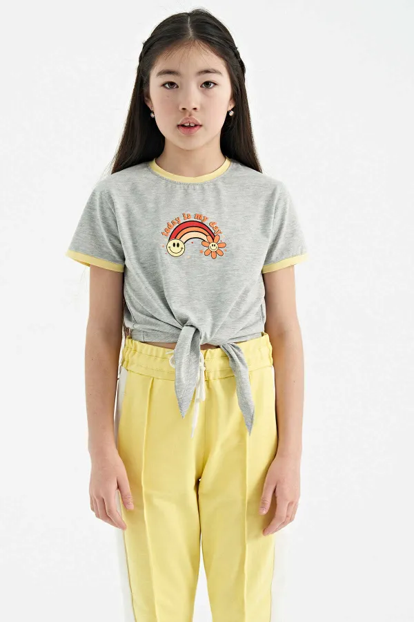 Tommylife Wholesale Grey Melange Print Detail Crew Neck Multicolored Tie Detail Girls' T-Shirt - 75113
