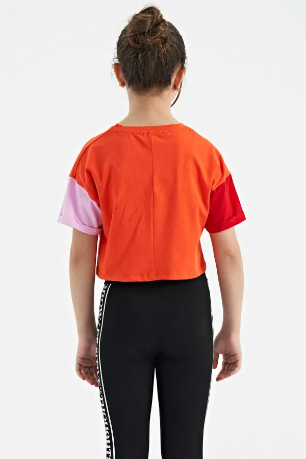 Tommylife Toptan Portakal Yazı Baskılı O Yaka Düşük Omuzlu Oversize Kız Çocuk T-Shirt - 75130