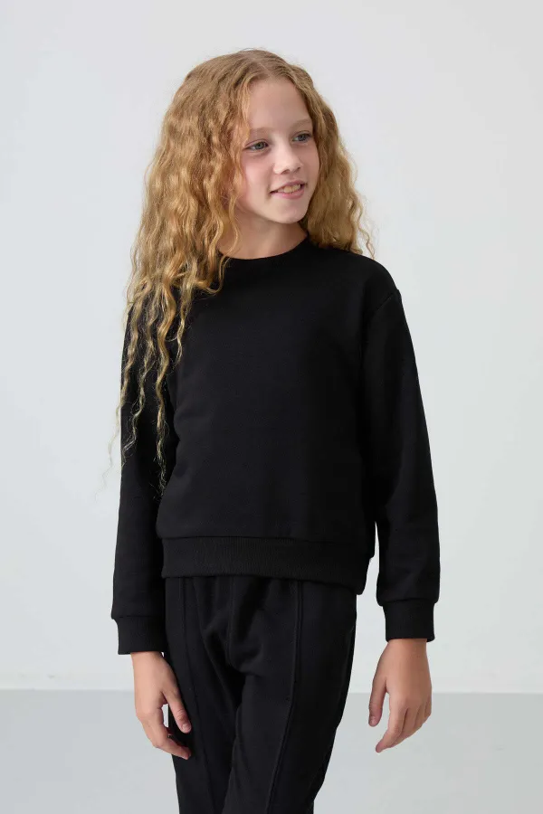 Tommylife Toptan 3-9 Yaş O Yaka Oversize Kız Çocuk Eşofman Takımı 75145 Siyah