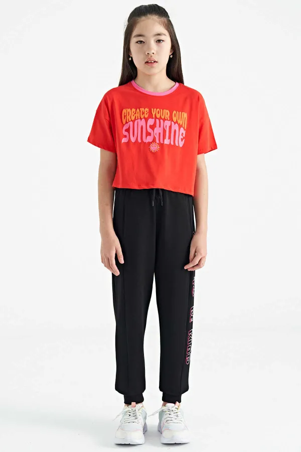 Tommylife Toptan Fiesta Renkli Yazı Baskılı O Yaka Oversize  Kısa Kollu Kız Çocuk T-Shirt - 75111