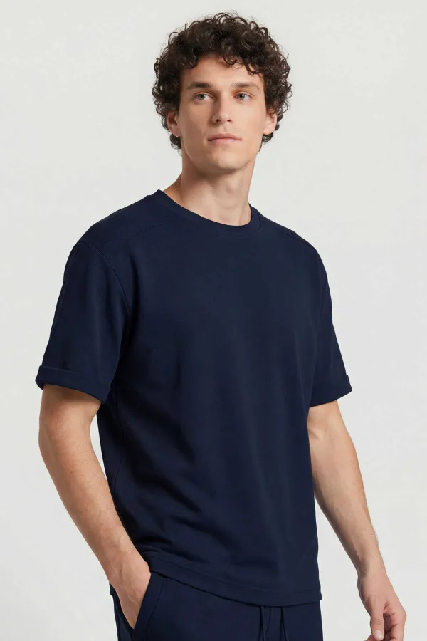 Tommylife Toptan Lacivert Oversize Fit Yumuşak Dokulu Basic Erkek Şort Takım - 85274