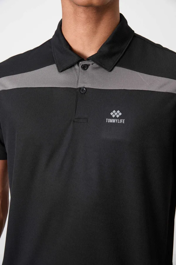 Tommylife Toptan Polo Yaka Standart Kalıp Aktif Spor Erkek T-Shirt 88392 Siyah