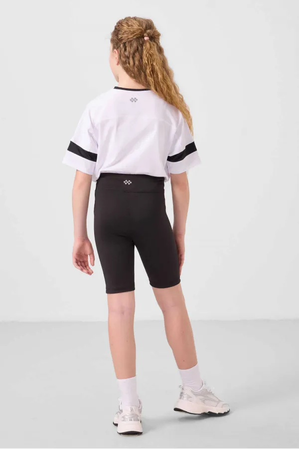 Tommylife Toptan V Yaka Kemer Detaylı Standart Fit Performans Kız Çocuk Tayt Takım 75187 Beyaz Siyah