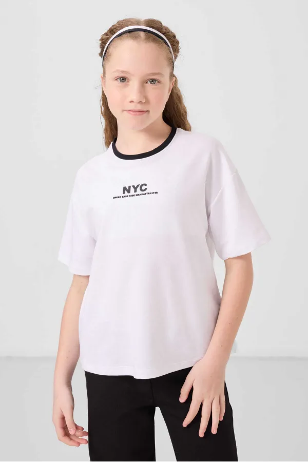 Ensemble de survêtement palazzo Tommylife Wholesale pour filles, col rond, imprimé, jambes larges, coupe standard, blanc et noir, référence 75171