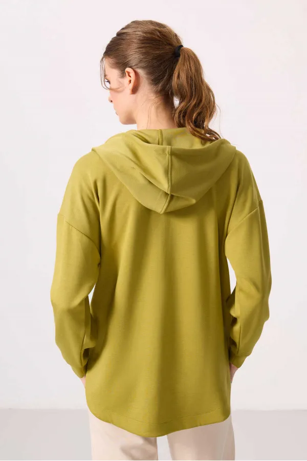 Tommylife Toptan Yumuşak Dokulu Kapüşonlu Oversize Kadın Tunik Sweatshirt - 97302 Koyu Hardal