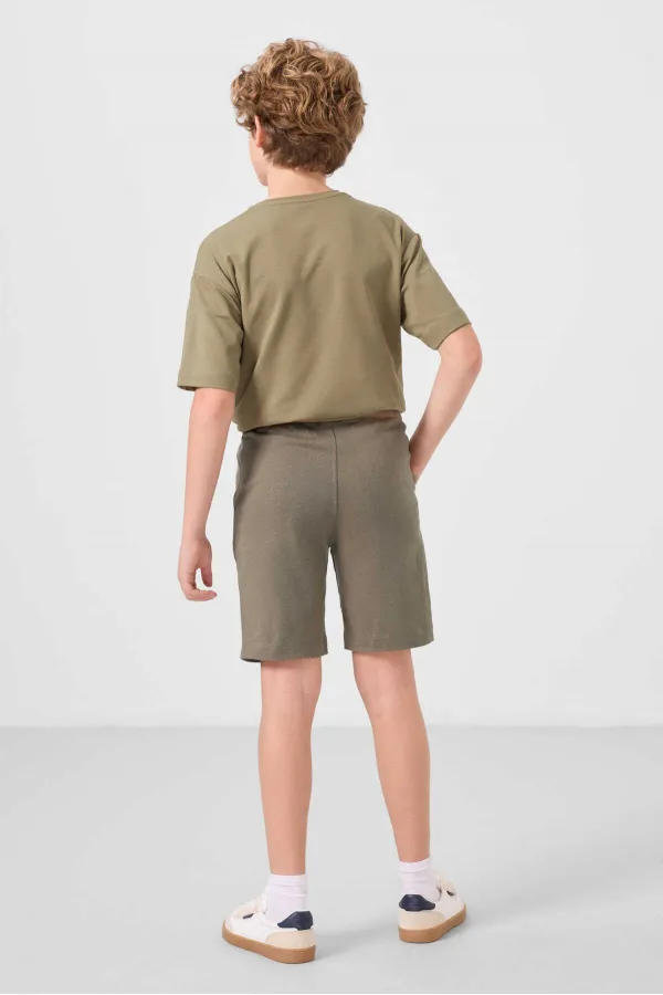 Tommylife Toptan Pamuklu Oversize Fit Dokuma Hafif Esnek Chino Erkek Çocuk Şort Takım 11277 Koyu Bej-Camel